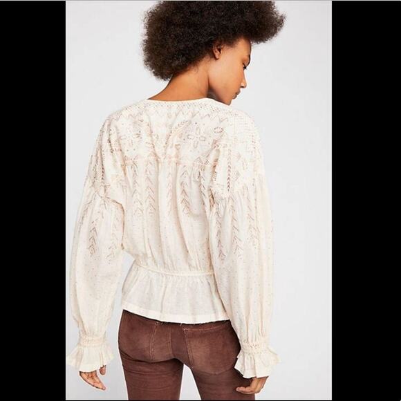 FREE PEOPLE Womens XS 100% Cotton V Neck Peplum Glitter Peasant Poet Blouse - Picture 7 of 12